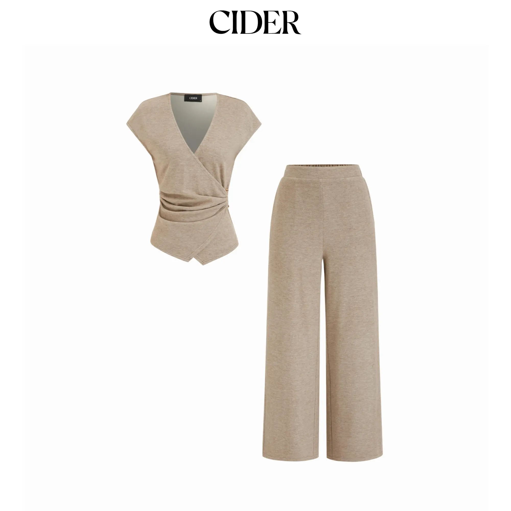 Cider Casual Matching Trouser Set, Women's V-Neck Ruched Top with Asymmetrical Hem, Metal Detail & Mid Rise Straight Leg Pants, Casual Matching Set, Lady, Basic, Clothes, Fitted, Shirred, Solid