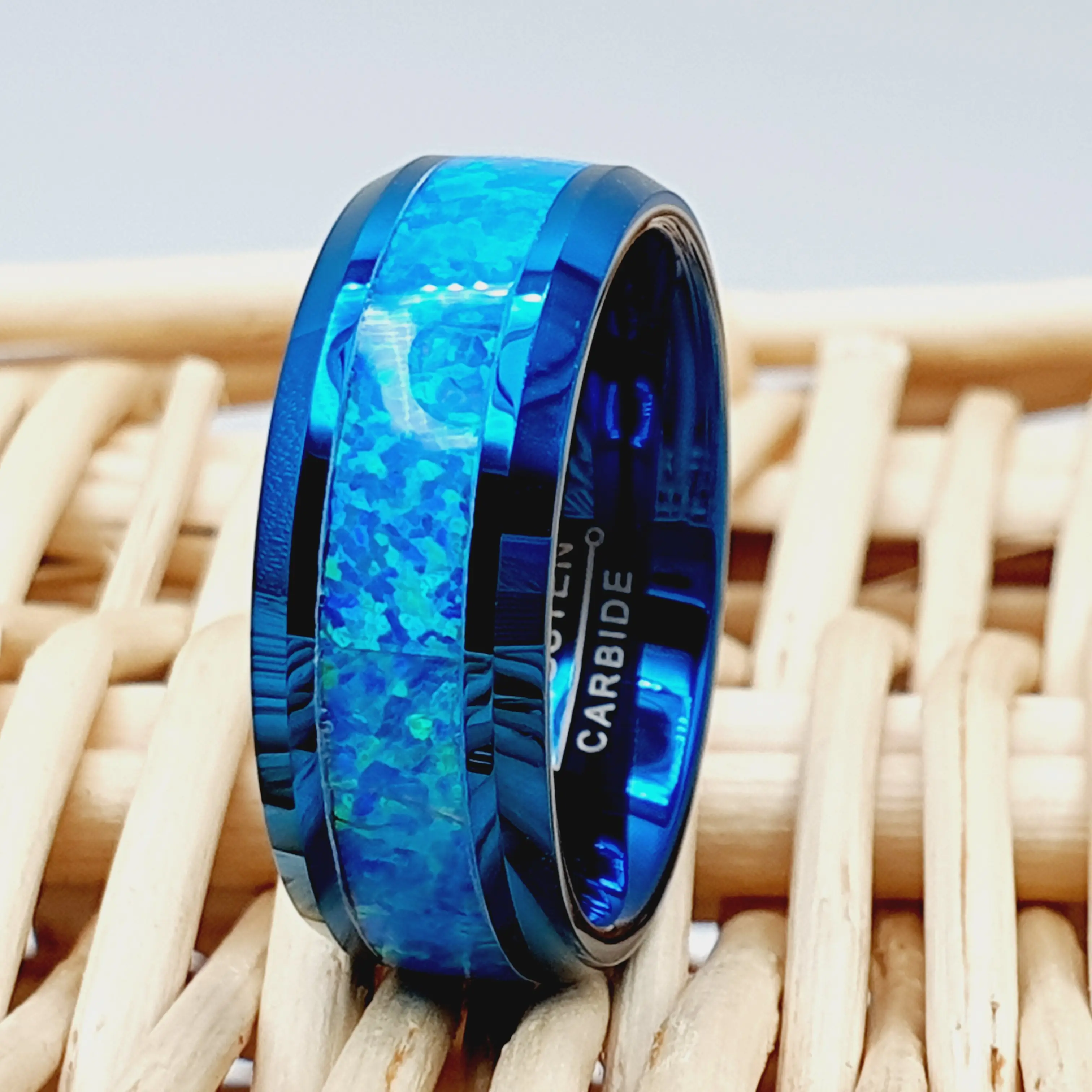 Blue Fire Opal Ring for Men and Women - Custom Engraved Tungsten Wedding Band
