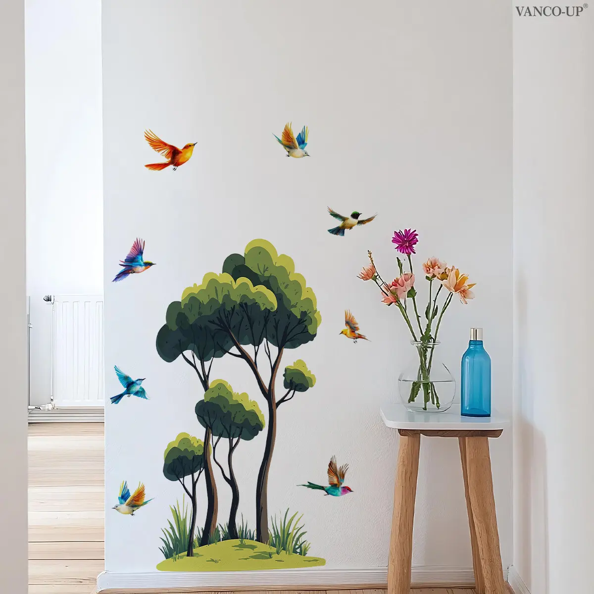 A (30*60cm) 2D plane wall sticker of a big tree and flying birds for home decoration, self-adhesive wall sticker, M21338-YC