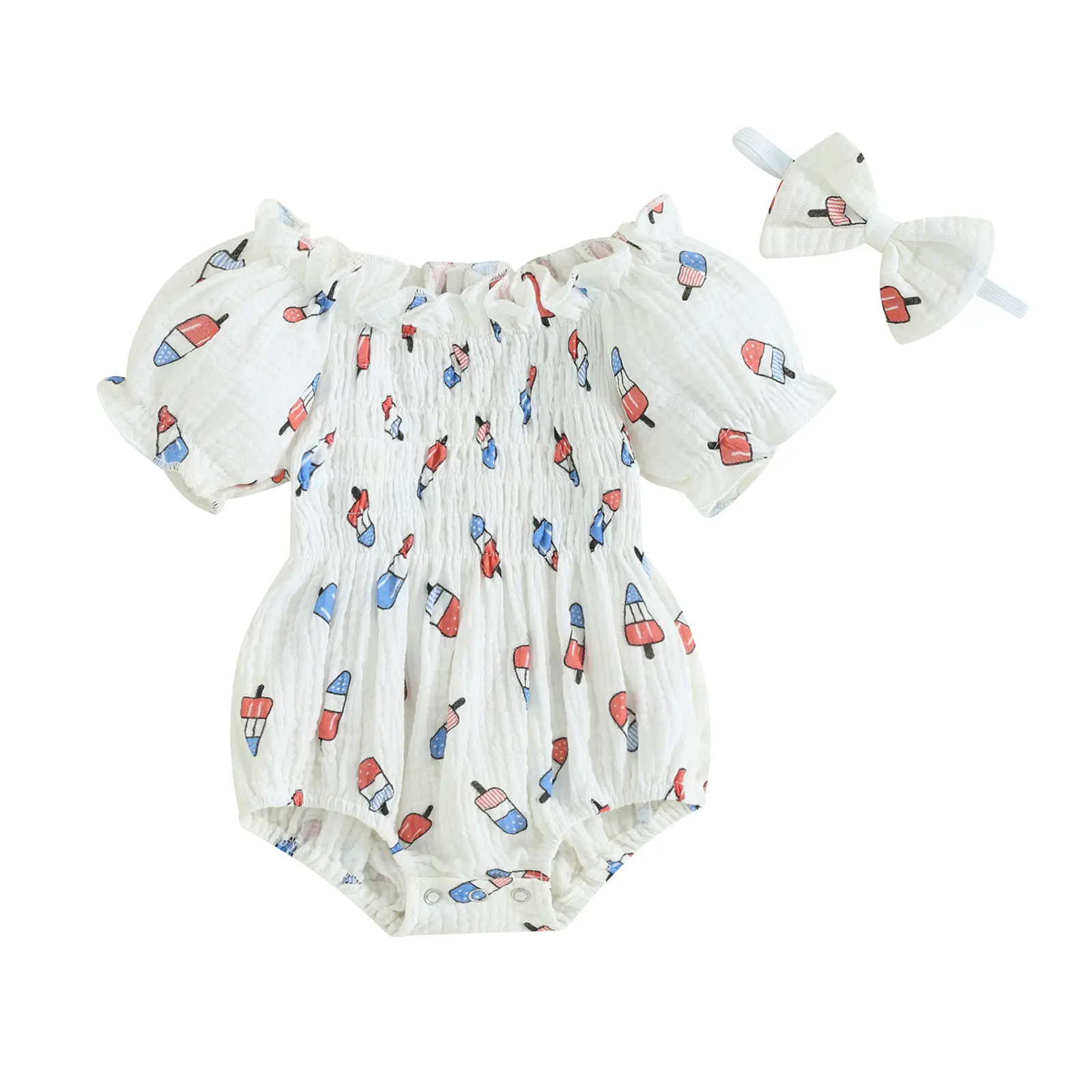 Newborn Baby Girl 4th of July Romper Outfits Short Sleeve Pleated Popsicle Print Onesie Smocked Bodysuit with Headband Independence Day Clothing