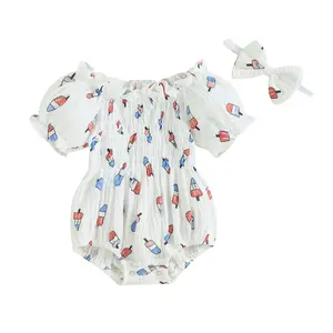 Newborn Baby Girl 4th of July Romper Outfits Short Sleeve Pleated Popsicle Print Onesie Smocked Bodysuit with Headband Independence Day Clothing