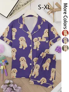Women's All Over Dog Print Button Front Shirt & Shorts Pyjama Two-Piece Set, Casual Comfy Lapel Neck Short Sleeve Top & Shorts PJ Set, Ladies Summer Sleepwear, Loungewear, Casual Pajama Sets