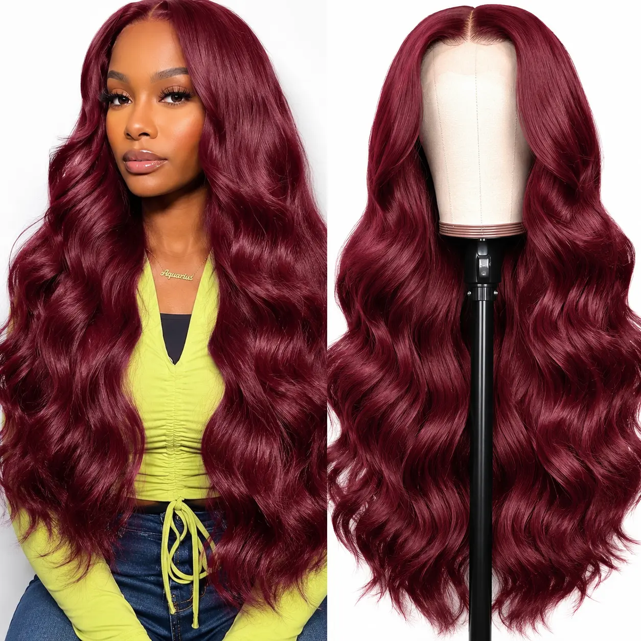 【SUPER DEAL】22 Inch 99J Burgundy Color Human Hair Wig 13x4 HD Lace Front Wig Silky Body Wave Red Wine Hair 180% Density Pre Plucked Hairline Baby Hair Natural Melt Look For Women