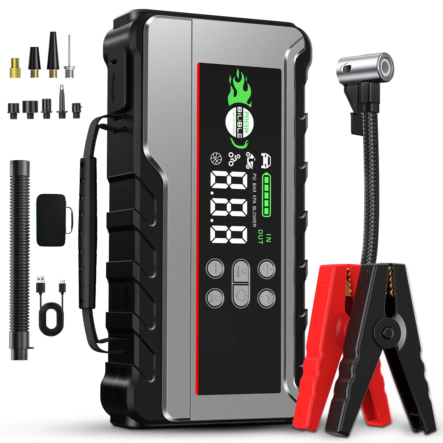 BIUBLE 10000a (All Gas, 12L Diesel) Portable Car Jump Starter with Air Compressor, Blower All-in-One, Fast Charging 65W Laptop Power Bank with 150PSI Tire Inflator, Car Battery Jump Starter Multi-Function Vehicle battery jump pack