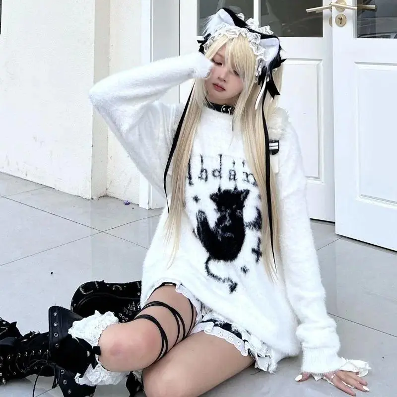 Women's Harajuku Gothic Oversized Fit Long Sleeve Knitted Jumper - Grunge Cartoon Print, Punk Skeleton Design, Y2K Aesthetic, Black Loose-Fitting Pull-On Pullover with Fishnet Pieces, Fashion Knitwear