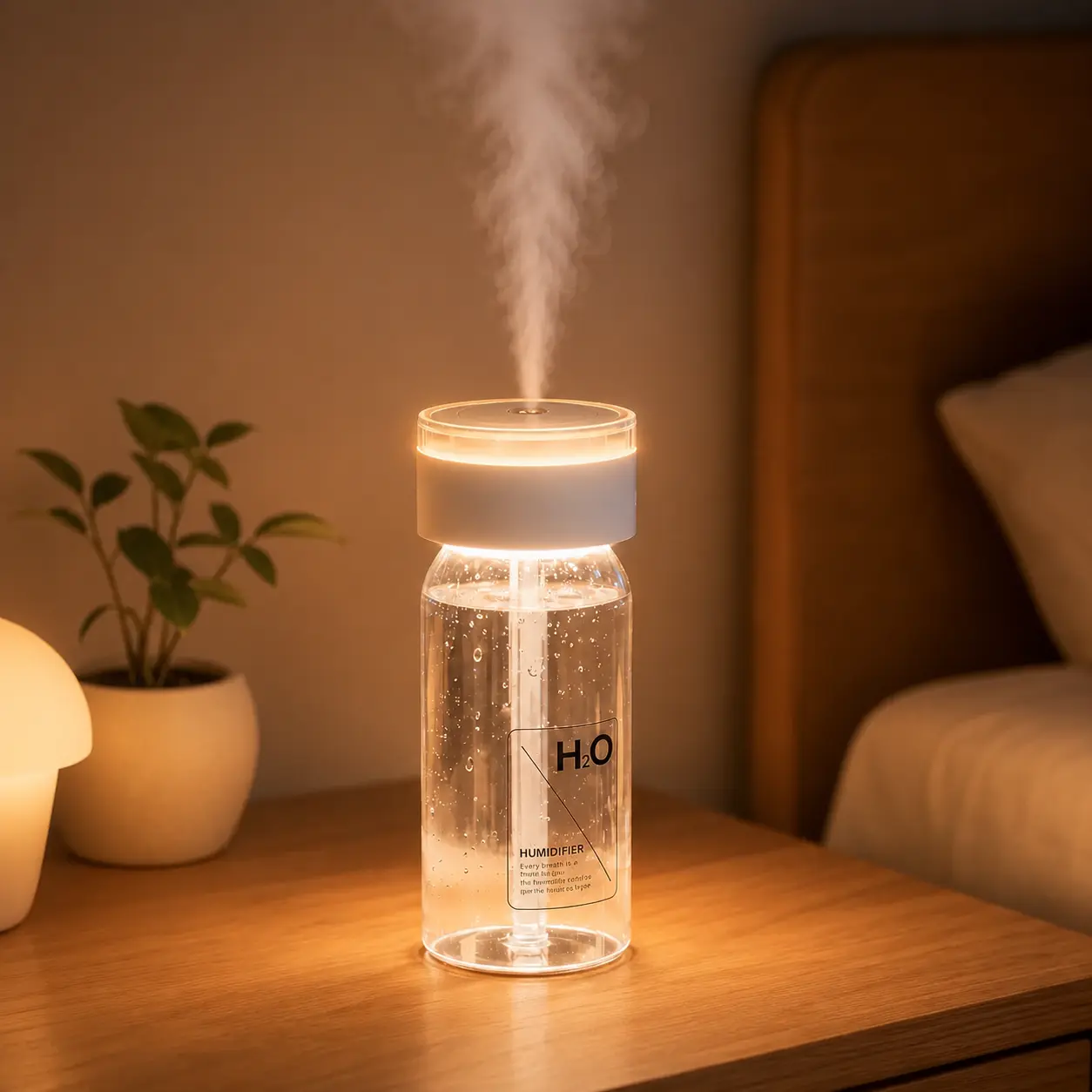 Portable Electronic Humidifier (1 Count) - Long-Lasting, Fine Mist, Nightlight, USB Rechargeable with USB-C Charger, Transparent Cup, Travel-Ready Size, Slip-In Carry Bag, Car Cup Holder-Fit, Solves Humidity Problems, Light Up Your Space