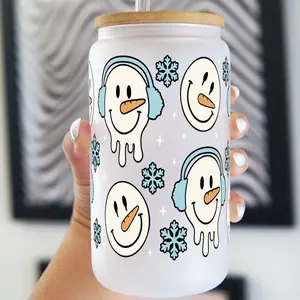 Snowman Christmas 16oz Glass Can Cup with Lid and Plastic and Glass Straws