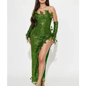 Halloween Lady Poison Ivy Fairy Costume Fake Leaves Sleeveless Sequin Tight Long Dress with Gloves Carnival Role Play Party Costume