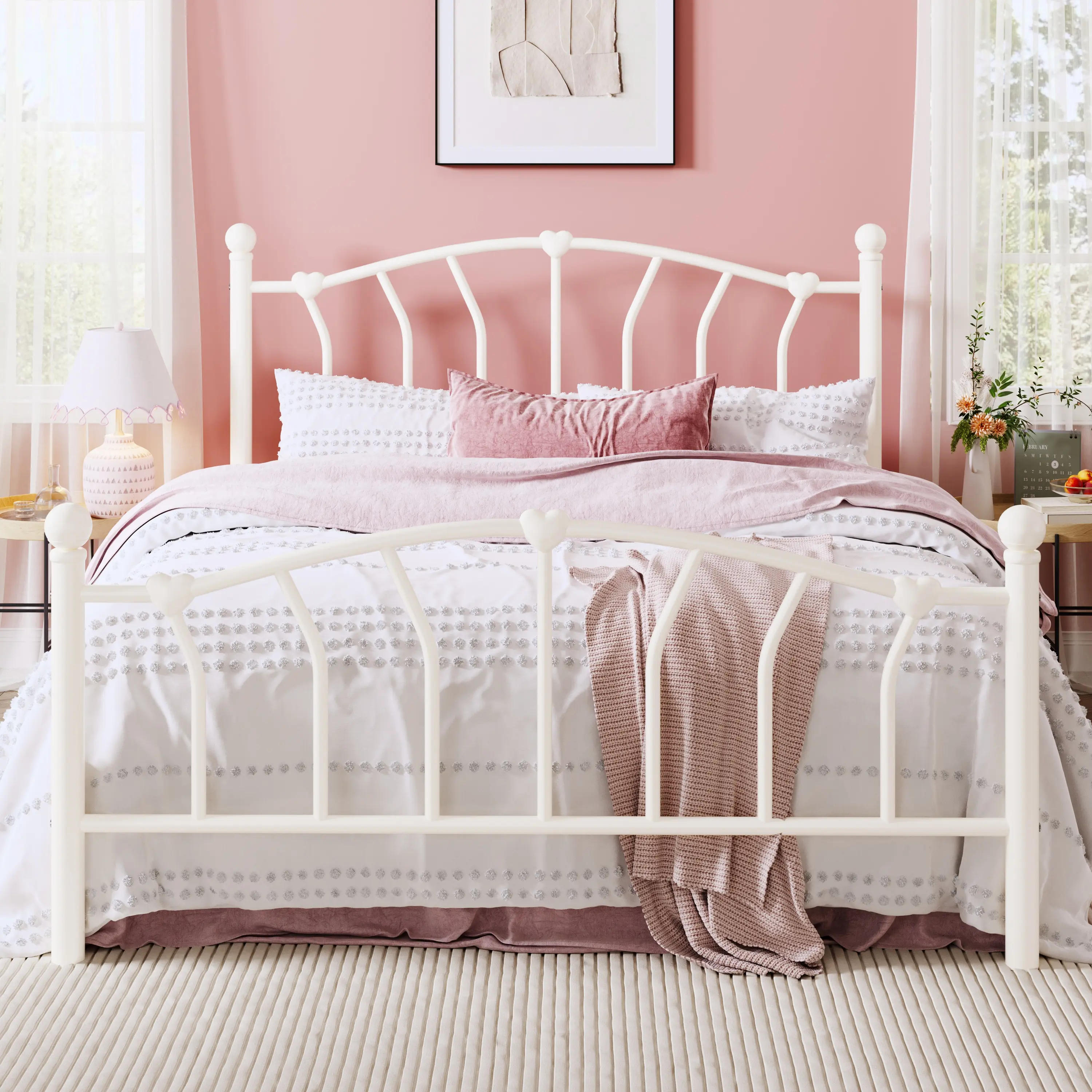 HOOMIC 14 Inch Twin Size Metal Platform Bed Frame, Heart-Shaped Headboard & Footboard, Iron-Art Mattress Foundation, Under-Bed Storage, No Box Spring Needed, Easy Assembly, Noise-Free, Black/White/Pink/Purple/Gold/Cream White#SummerVibes