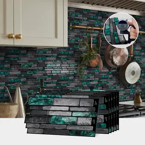 10/20/30PCS D-HTP Epoxy 3D Teal-Black Contrast Brick Pattern Tile Stickers, Decorative Wall Sticker, Self-Adhesive Waterproof Oil-Proof Removable DIY Wall Decor for Kitchen Bathroom Bedroom Office Furniture, Peel And Stick Wallpaper Designs