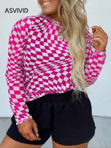 【Plus Size】 Plaid Print Round Neck Tee, Casual Fashion Gingham Pattern Long Sleeve Crew Neck Top for Summer, Women's Plus Clothing for Daily Wear, Womenswear