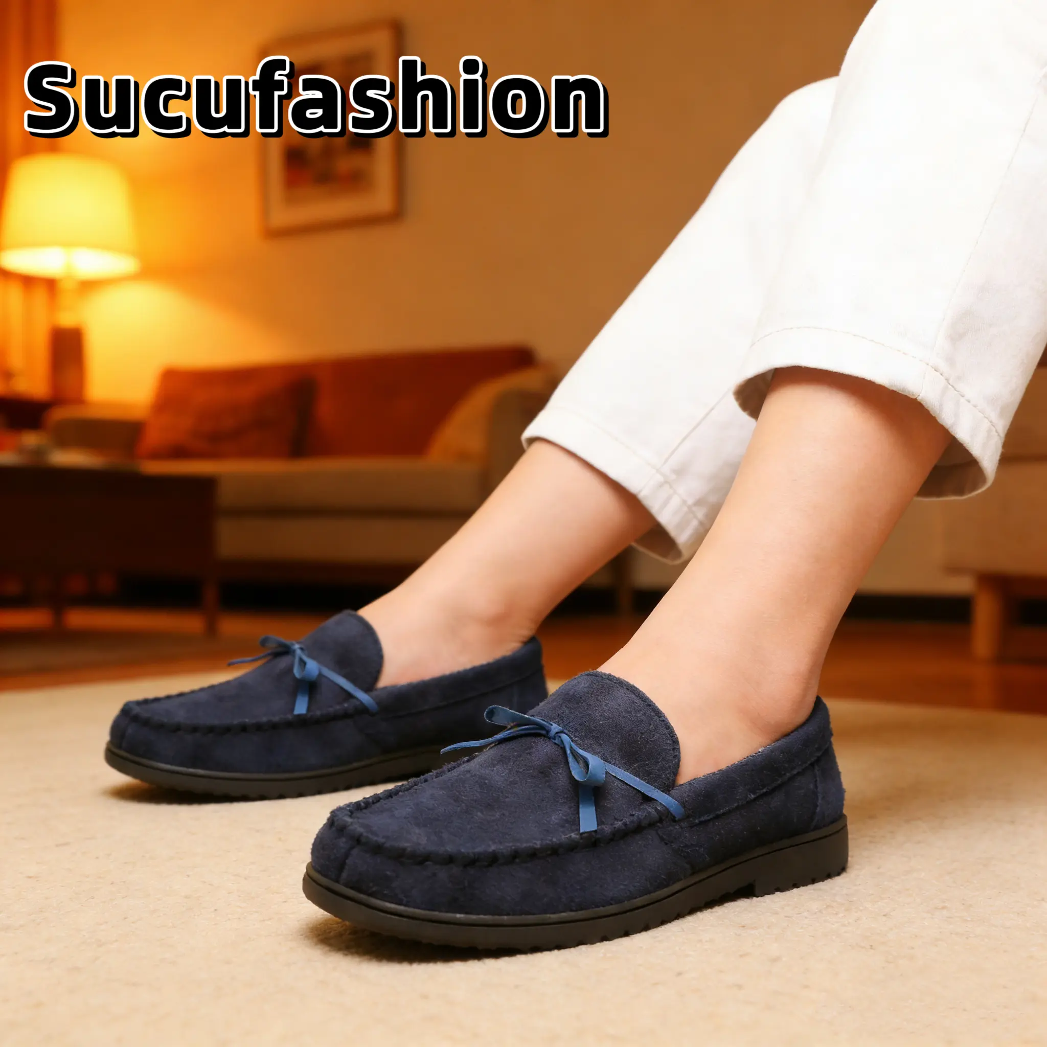 Sucufashion 2025 Men's Loafers Moccasin Genuine Upper Flanel Lining Memory Foam Rubber Soles Indoor Outdoor Comfortable House Shoes