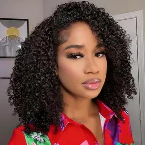 Kinky Curly Half Wig Human Hair 3 In 1 Half Wig Glueless Wigs Human Hair Wear and Go Drawstring Seamless Flip Headband Wig for Women Beginner Friendly 180% Density  Black