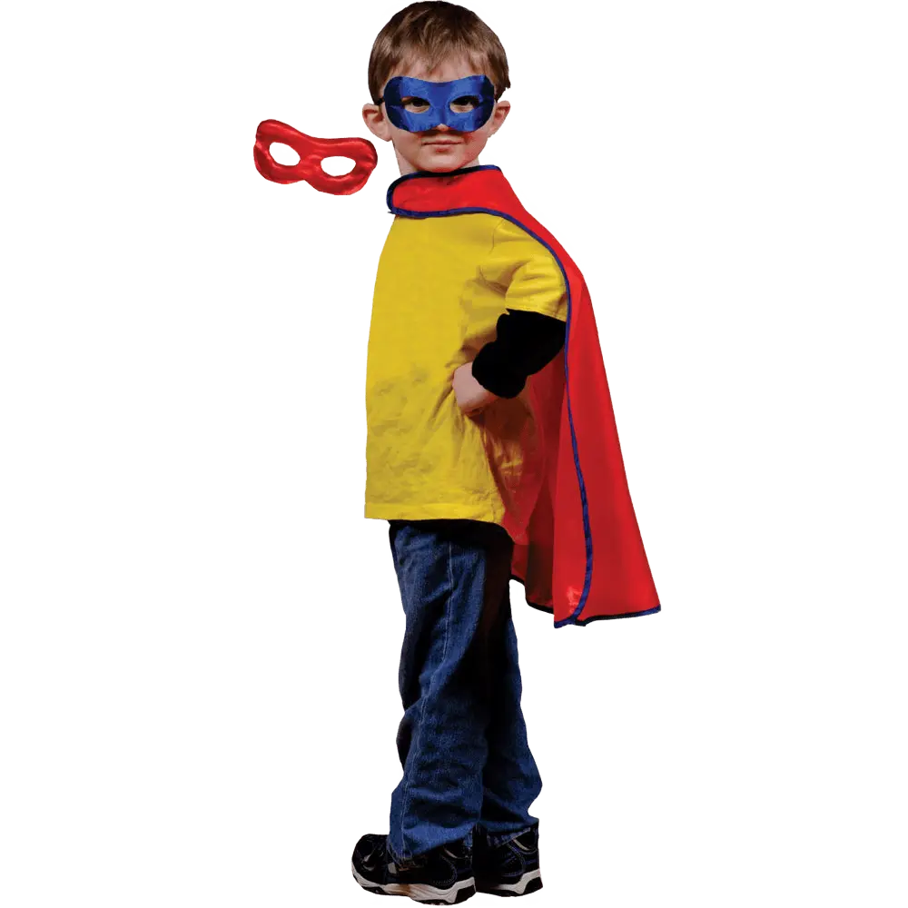 Kids Superhero Cape and Mask Set – Red with Blue Trim Cape and Reversible Red/Blue Mask – Pretend Play Fun Costume for Boys and Girls – Halloween, Birthday, Role Play Dress Up Accessory