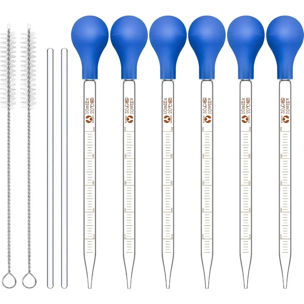 16-Piece 7.9-Inch 10ml Graduated Glass Droppers with 6 Rubber Caps, 2-Piece 20cm Glass Stir Rod, Easy-Clean Washing Brush – Kitchen Measuring Utensils for Essential Oils Liquid Transfer (Blue), 20 Cm Stir Rod
