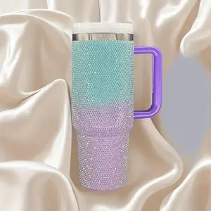 40oz Stainless Steel Vacuum Flask, 1 Count Glitter Rhinestones Vacuum Insulated Tumbler with Straw & Handle, Drinking Cup for Home Office Outdoor Camping, Drinkware, Insulated Thermos