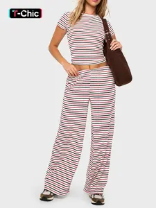 Women's Striped Knitted Cropped Short Sleeve Fitted Top & Wide Leg Pants Set, Striped Knit Sets, Casual Daily Wear, Comfortable Fashion Clothing Outfit Womenswear
