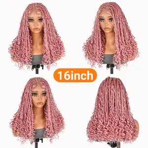 SuperNova #Pink Color 16" Full Lace Bohemian Box Braided Wig - Premium Synthetic Fiber, Natural Look, Lightweight & Comfortable for Daily Wear, Perfect for Trendy Hair Transformations