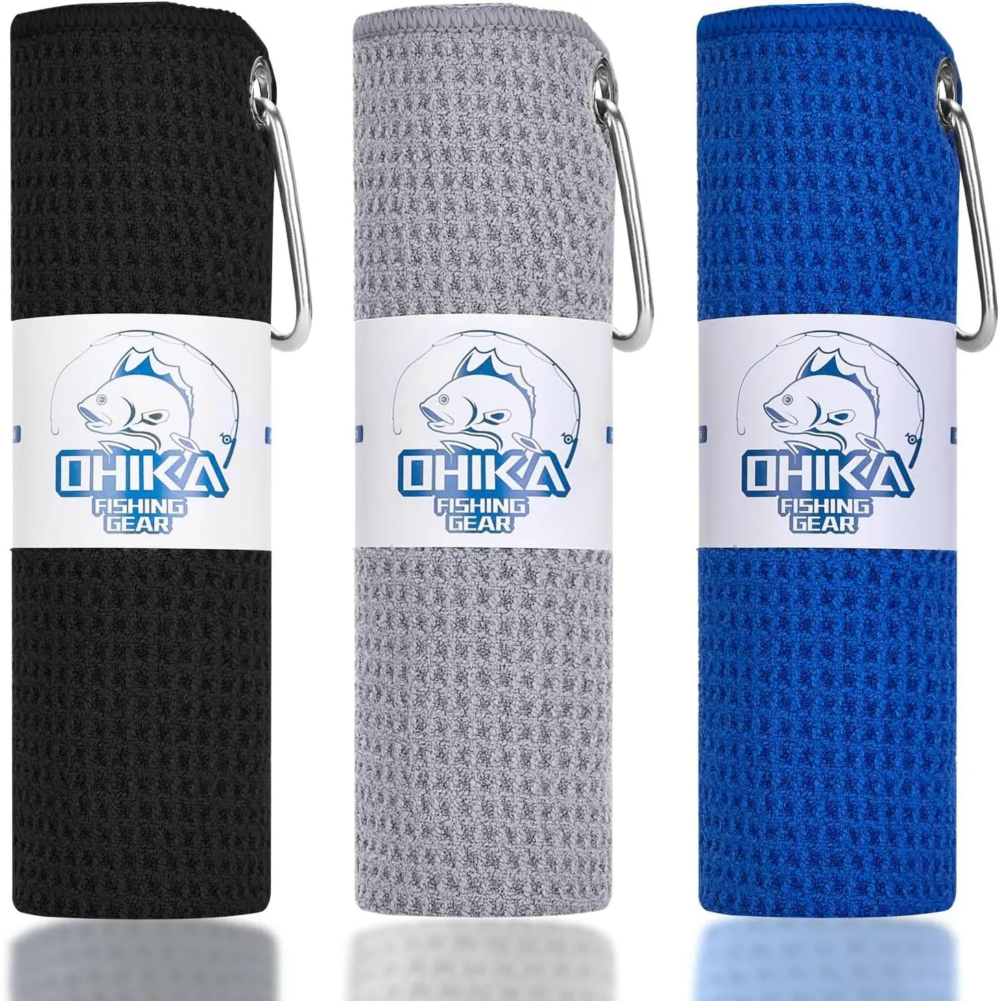 Microfiber Fishing Towels with Clip, Waffle Pattern for Effective Cleaning of Fishing Gears or Dirty Hands, 16" x 16", Camping Towels, Hiking Towels, Pack of 3 (Black/Grey/Blue)