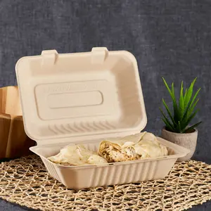 9''x6'' PFAS Free Compostable Bagasse Hinged Containers, Natural - 200 pcs