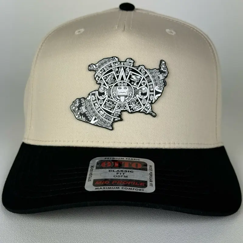 Aztec Calendar Michoacán Map Hat - Black & White Acrylic Patch - Mexico Inspired - Classic 5 Panel Snapback - Adjustable Fit - High Contrast Design