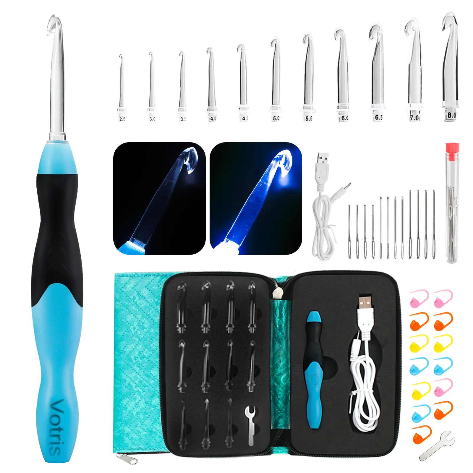 Votris Light Up Crochet Hook Set 11 in 1 Ergonomic Soft Grip Rechargeable Interchangeable Heads Adjustable Handmade Kit for Beginners Arthritis Friendly with LED Lighting & Portable Case