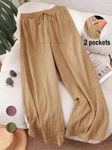 ["Plus Size"] Solid Pocket Wide Leg Pants, Casual Fashion Pocket, Casual Beach Pants, Casual Lounge Pant, Casual Comfy Trousers for Daily Wear, Women's Bottoms for Summer
