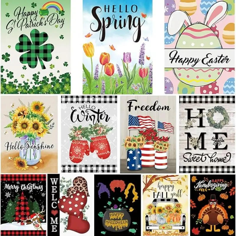 12pcs Seasonal Garden Flag Set, Dual-Sided Design, Garden Yard Flags for Outside Display, Christmas Halloween Easter Valentine's Day Outdoor Decor, Holiday Garden Decorations for All Seasons, Lawn Flags, Versatile Use