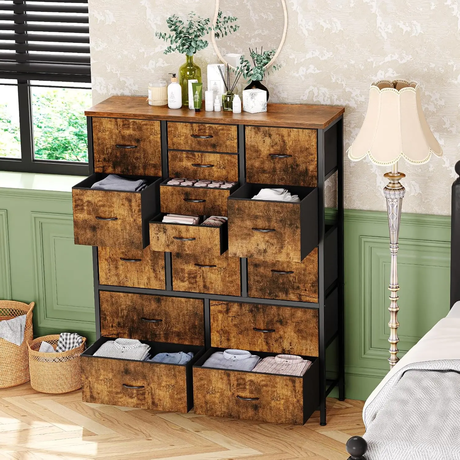 Rustic Brown 15-Drawer Fabric Dresser – Versatile Storage Solution with Metal Frame for Bedroom, Living Room, Kitchen, and Bathroom