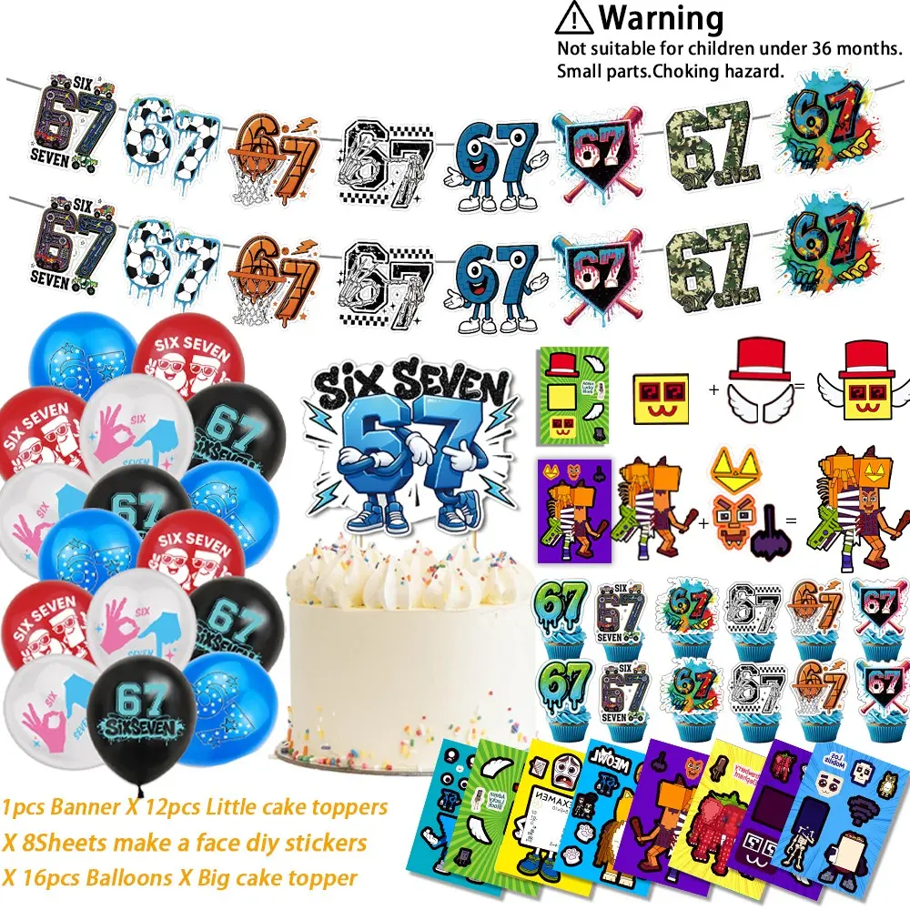 Six Seven Meme Theme Birthday Decorations, Party Favors, Party Pack, Unique Birthday Gifts Set, Brainrot Meme &67 Themed Party Supplies Set Includes Banner, Cake Topper, Balloons, 8 Sheets Make a Face DIY Sticker, Cartoon-themed Birthday Party Events