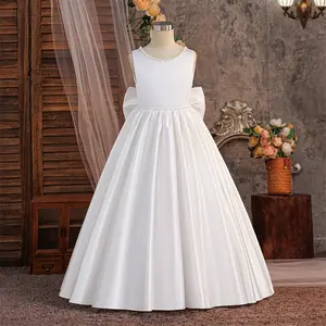 7-12Y White Beading Big Bow Backless 800 Kids Clothes Flower Girls Princess Long Ball Gown Frock Children Formal Evening Party Banquet Pageant Prom Host Cocktail Dress