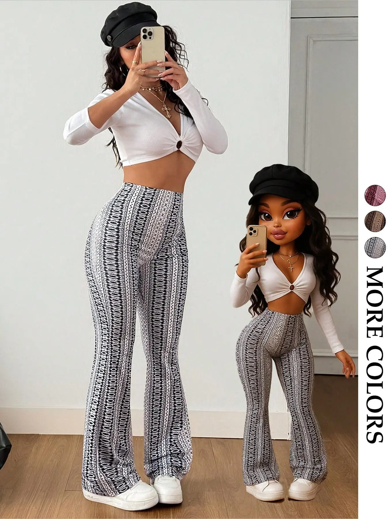 Women's Geometric Print High Waist Flared Pants, High Stretch Fabric, Bohemian Style, Y2K Vintage Street Casual Womenswear, Chic Boho Trousers for All Seasons
