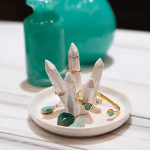 Simple Ceramic Ring Holder Crystal Cluster Jewelry Tray Pearl Glazed Desktop Decor Storage Plate, Modern Style, Universal Setting