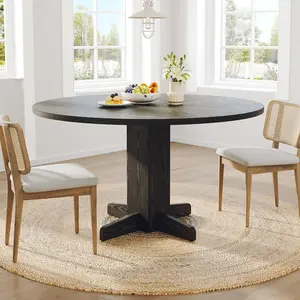 Round Dining Room Table for 4-6, 47" Wood Kitchen Table with Sturdy Pedestal Base, Farmhouse Circle Dinner Tables for Living Room, Apartment, Black