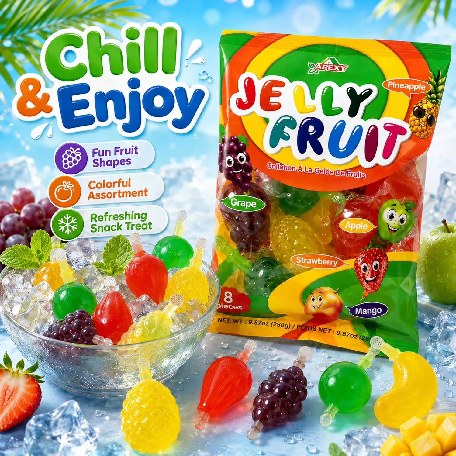 Apexy Jelly Fruit, Tiktok Candy Trend Items, Tik Tok Hit or Miss Challenge, Assorted Fruit Shaped Jelly, Strawberry, Mango, Apple, Pineapple, Grape. 9.87oz.
