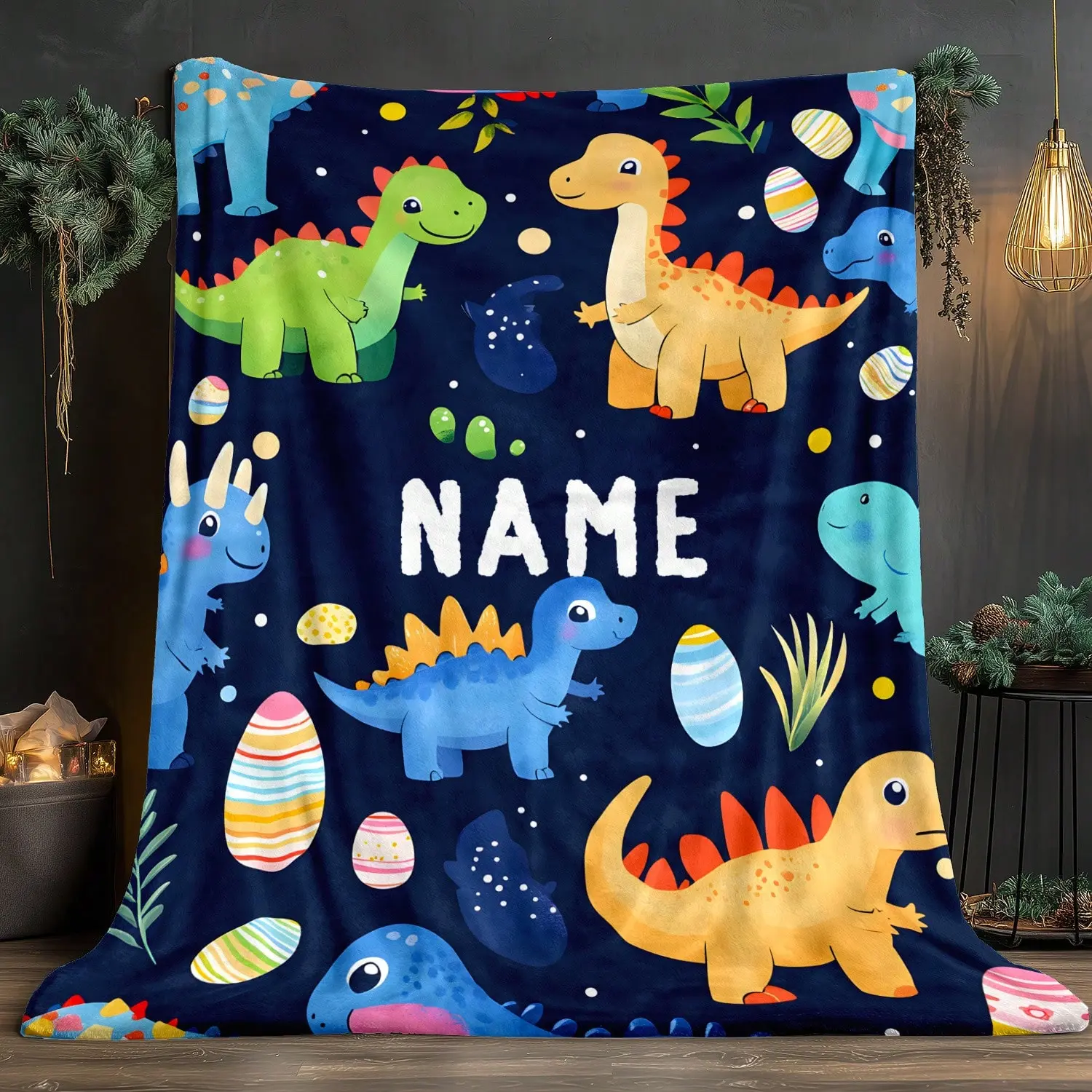 Custom Dinosaur Blanket- Personalized Name Throw with Cute Cartoon Print Blanket for Adult Birthday Christmas Gifts Throwblanket