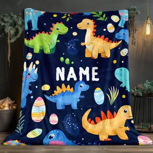 Custom Dinosaur Blanket- Personalized Name Throw with Cute Cartoon Print Blanket for Adult Kids Birthday Christmas Gifts