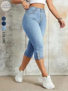 Women's Elastic Slim Fit Denim Capri Jeans, Button Fly Detail, Functional Pockets, Butt Lifting, Casual Daily Wear, Everyday, All Seasons