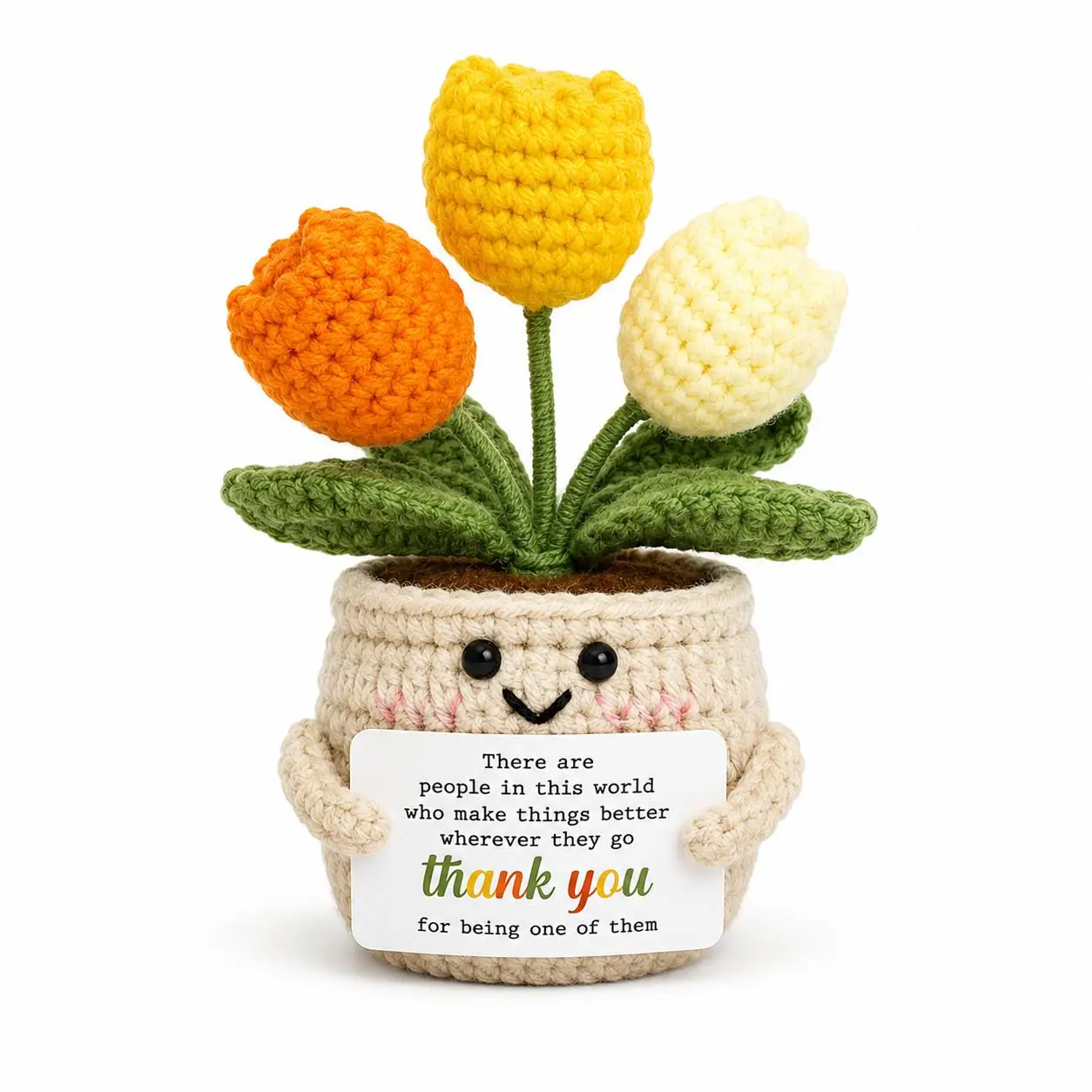 Handmade Crochet Flower Pot Gift Set - Cute Tulip & Sunflower Desk Decor, Small Home Office Shelf Accent, Thank You Present for Teachers & Nurses