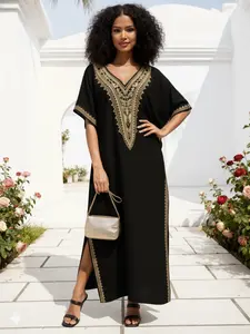 EDOLYNSA Kaftan Dresses for Women embroidery caftan Women's robe beach dress loose lounge wear casual Homewear comfortable daily wear vacation outfits Boho Casual Modest Kaftan Q1761