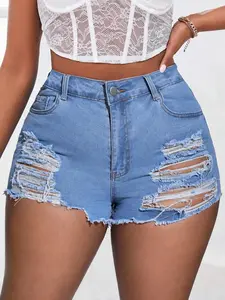 【Plus Size】 Women's High Waist Ripped Stretch Denim Mom Shorts, Casual Fashion Shorts for Daily Outdoor Wear, Women Plus Size Clothing for Summer