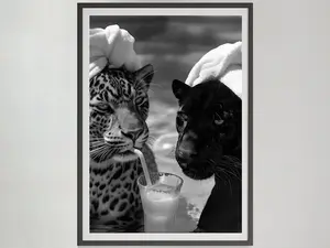 Cheetah and Jaguar Drinking Cocktail Print, Black and White Wall Art, Vintage Photography, Fashion Print, Bar Cart Decor