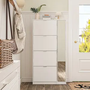 FUFU&GAGA Modern White Shoe Cabinet with Mirror & 4 Flip-Doors for Entryway Hallway Bedroom Organizer Sturdy MDF Storage Shelves 24-Pair Capacity Installation Rack