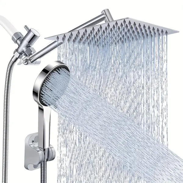 High Pressure Rainfall & Handheld Shower Head Combo with 11'' Extension Arm Adjustable Angle Anti Leak Design Chrome Matte Black