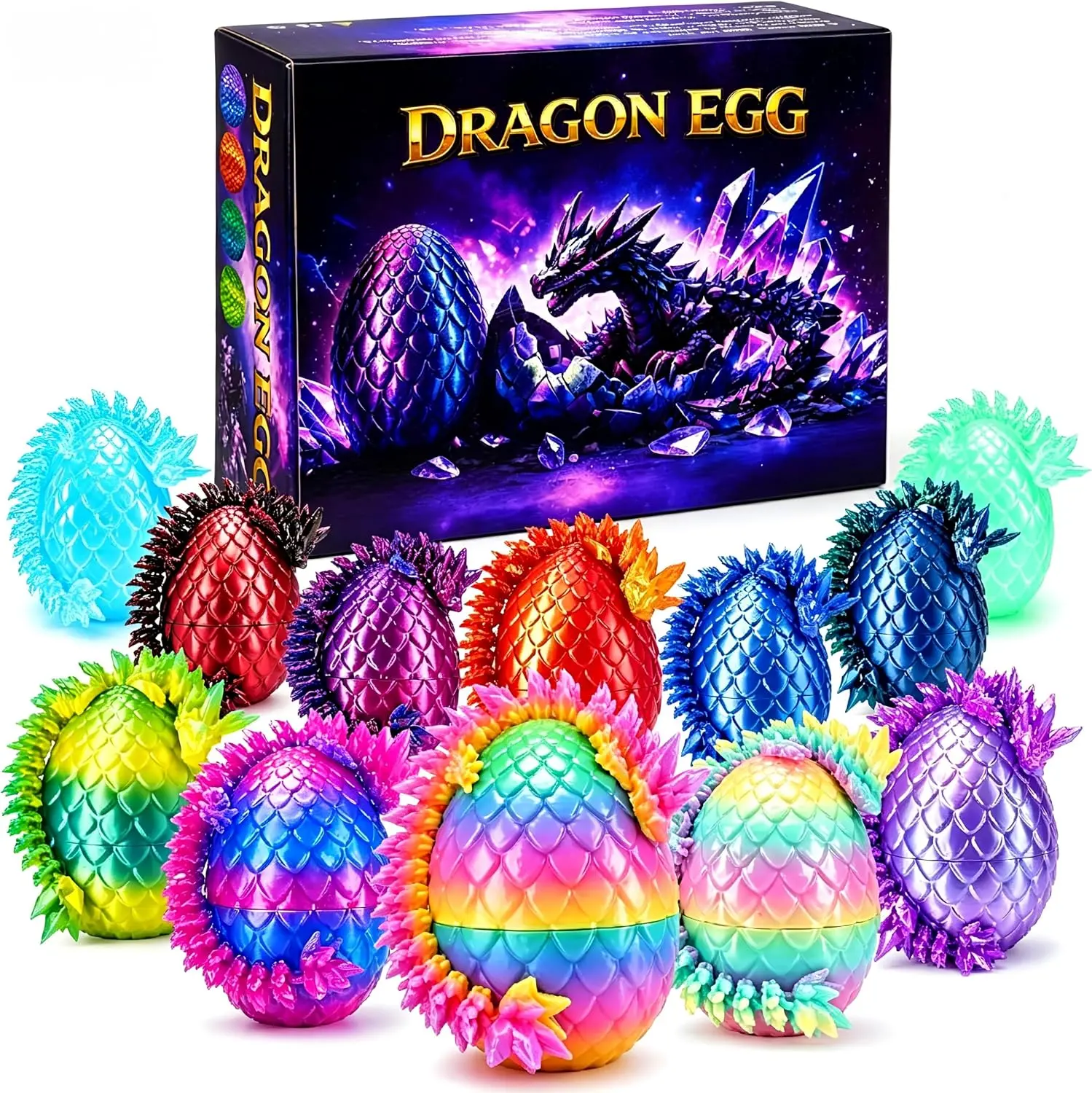 12 Pcs 3D Cool Printed Dragon Eggs, Articulated Eater Eggs with Dinosaur Fidget Toys Inside, Desk Display, Surprising Easter Basket Gifts for Kids Teens Birthday Party Favor