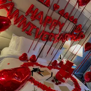 Anniversary Party Decoration Set – Happy Anniversary Banner, Red Felt Garland & Heart-Shaped Balloons