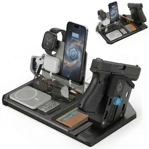 Tactical Desk Organizer with Detachable Handgun Safe - Quick Access Trigger Lock Pistol Rack - All-in-One EDC Valet Tray & Phone Stand