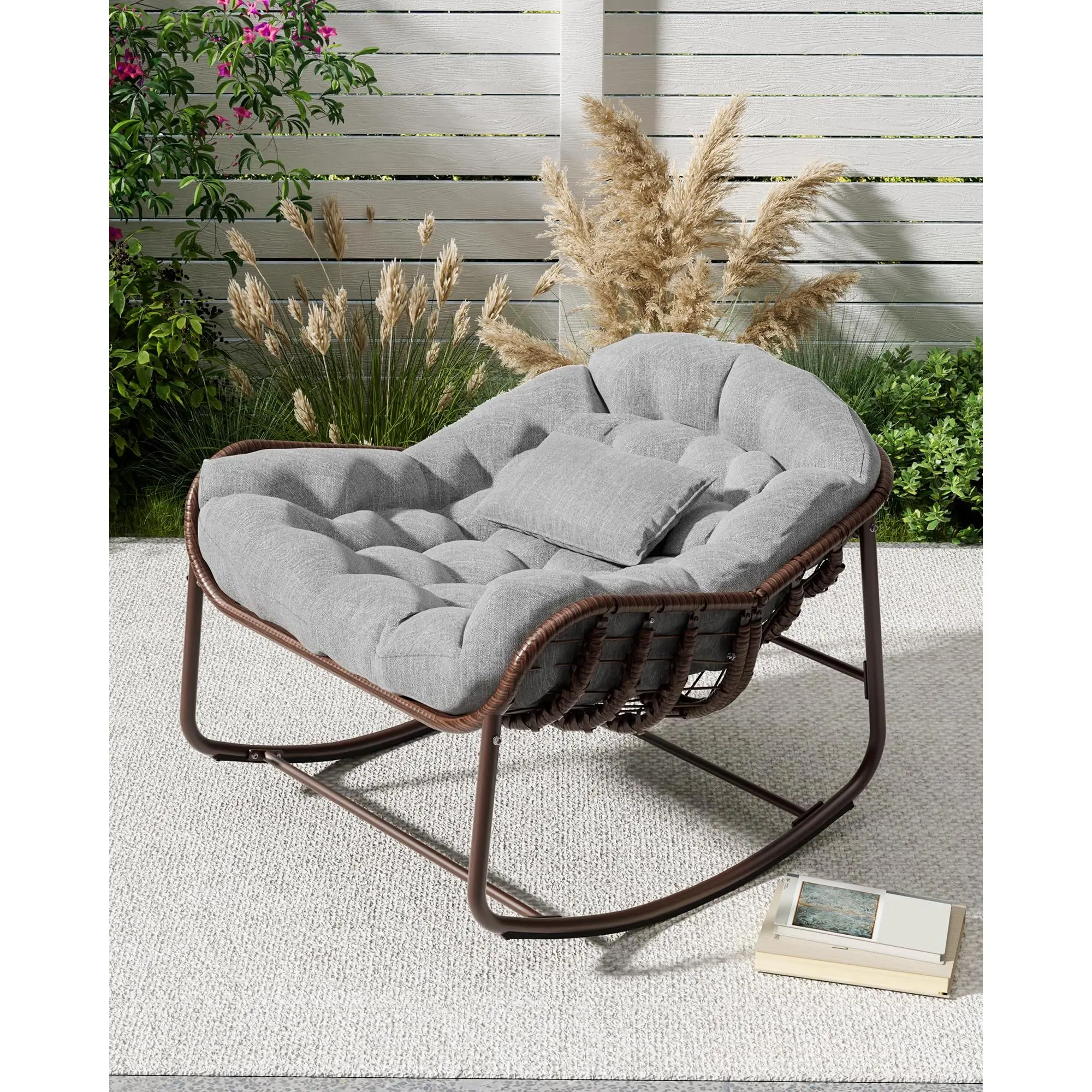 Garvee Indoor/Outdoor Rocking Chair, Patio Wicker Egg Chair, Indoor Comfy Oversized Papasan Chair with Padded Cushion, Royal Rattan Rocker for Front Porch, Garden, Patio