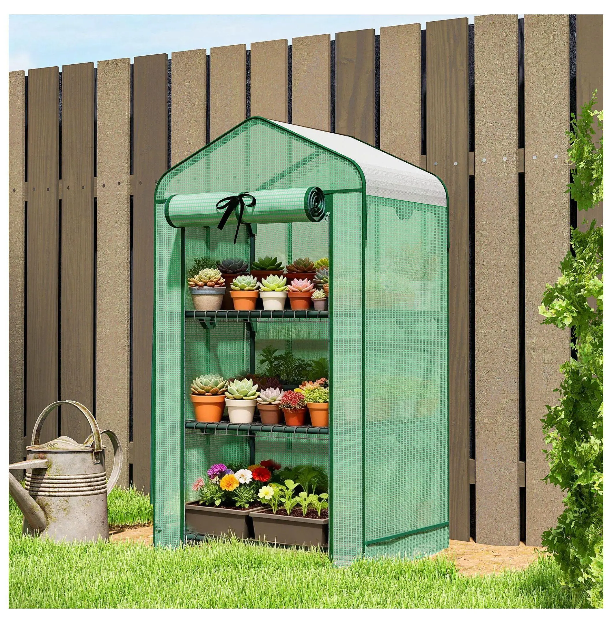 Mini Greenhouse, Portable Small Greenhouse with Roll-Up Door & Screen Roof, 27.6x19.7x50", UV Protection, 3-Tier Plant Shelf, Green Default Title