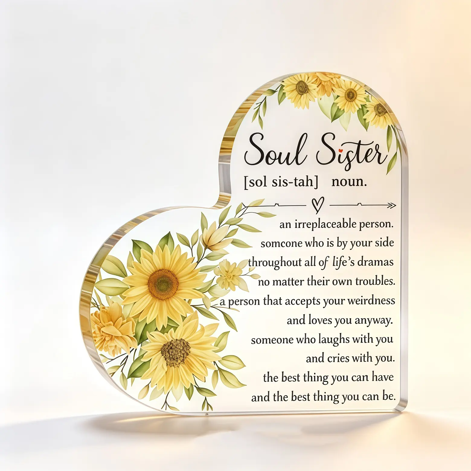 Heart Shaped Sunflower Acrylic Desk Plaque, Soul Sister Definition Sentimental Keepsake Sign, Friendship Gift for Soul Sister Bestie Birthday Galentine Christmas Tabletop Home Decor Ornament